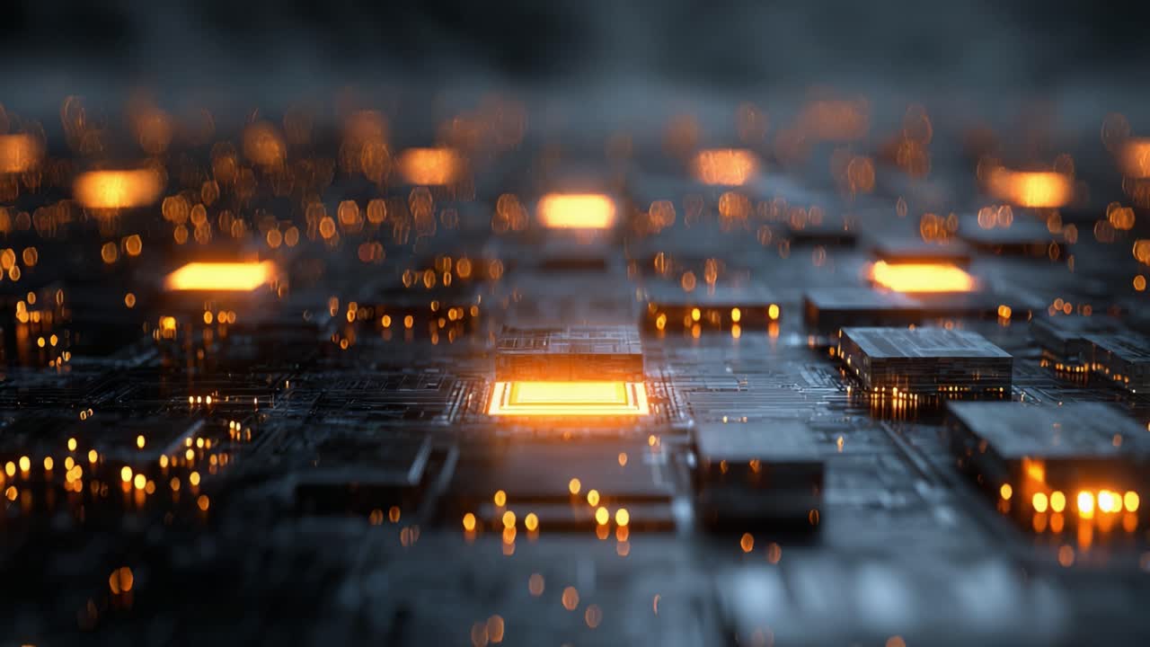 Advanced central processing unit on a computer motherboard sending digital signals through the electronic circuit. Futuristic concept of processing data, AI, and information technology