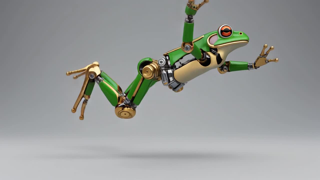 3D Animated Robotic Frog Jumping on a Gray Background