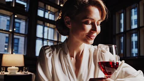 woman enjoying a glass of red wine in a luxurious setting