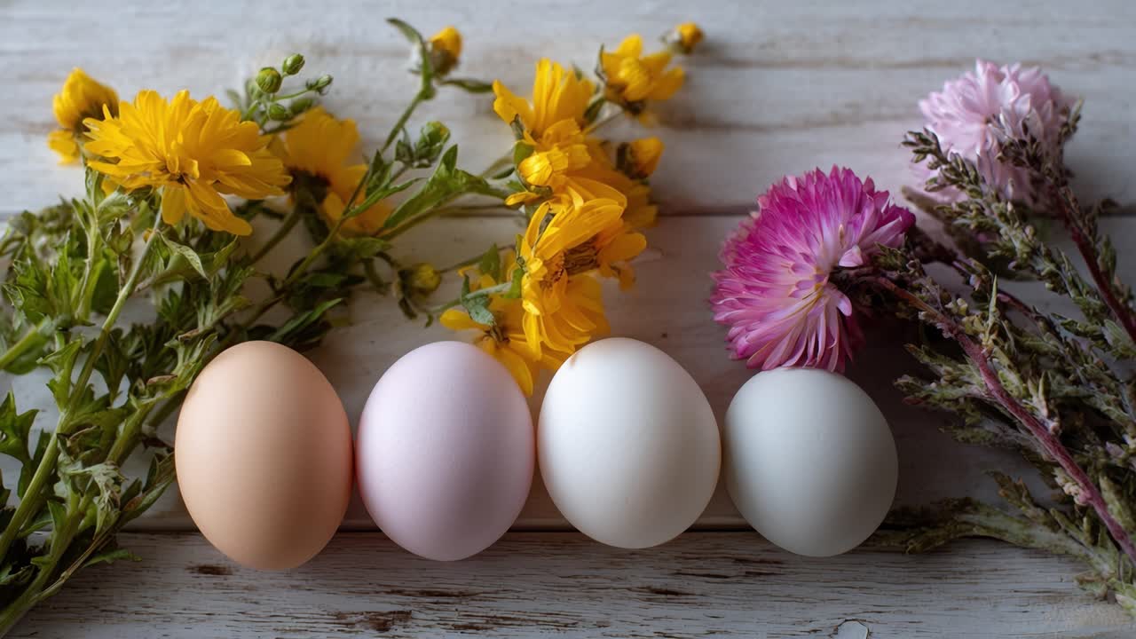 Una encantadora representación de huevos y flores en flor, mostrando la belleza de la naturaleza, la transformación de huevos a polluelo entre vibrantes arreglos florales