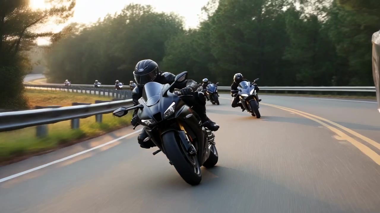 Sola viraja giren, öndeki spor motosiklet sürücüsü kırsal yolda eğilerek formasyonu koruyor ve kasklı.