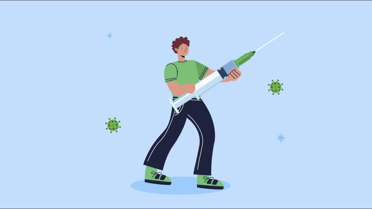 covid19 disease animation with man lifting vaccine injection