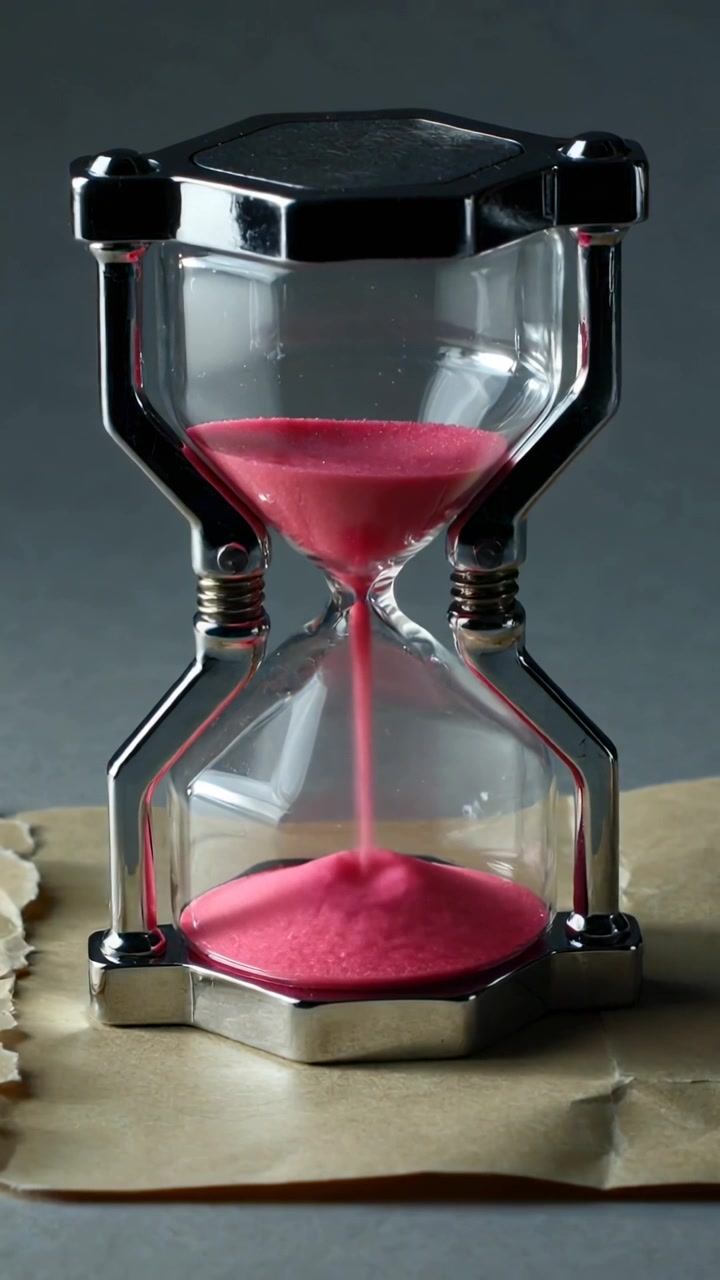 Vertical video: Gravity pulling metal hourglass spilling pink sand through waist on table timing