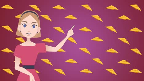 animación de una mujer hablando sobre iconos de aviones de papel