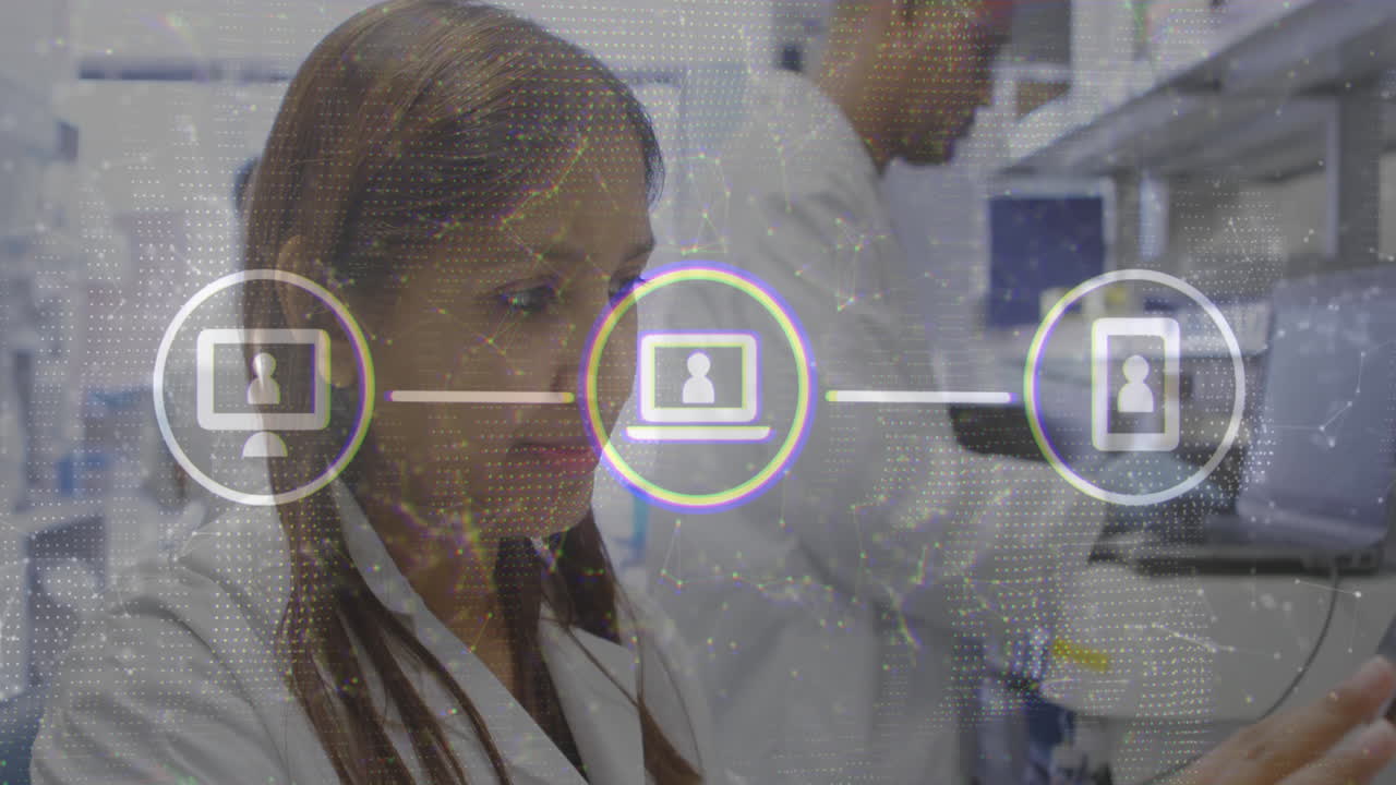female scientist analyzing data at tech lab bench overlaying network graphics with device icons