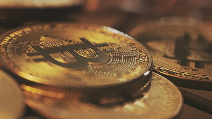 Primo piano di monete Bitcoin