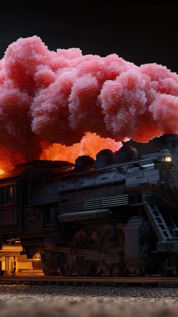 Ein atemberaubendes Rendering eines pixeligen Dampfzugs inmitten farbiger Dampfwolken, das die Magie des Retro-Transports in einem lebendigen künstlerischen Stil einfängt