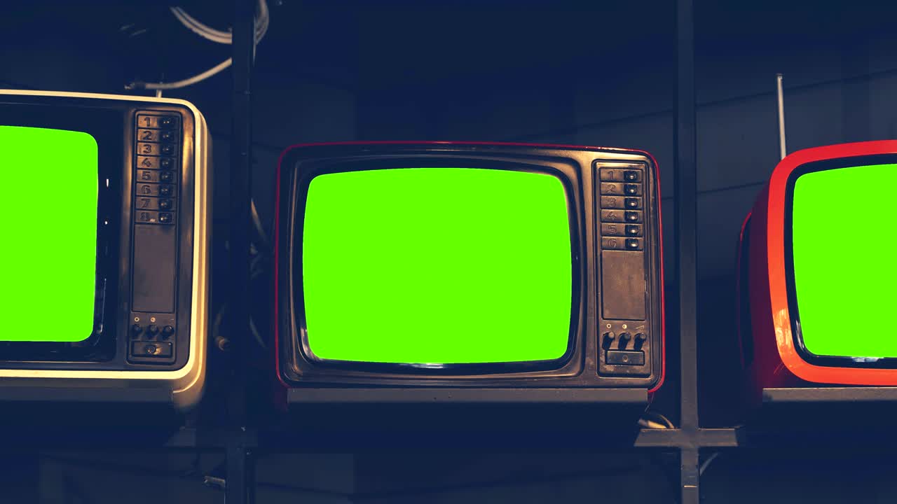 Classic Vintage Retro Style old televisions with cut out screen, old televisions with green screen on isolated background.
