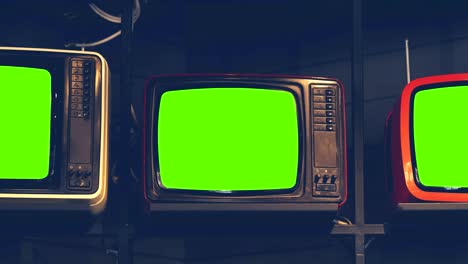 classic vintage retro style old televisions with cut out screen, old televisions with green screen on isolated background.