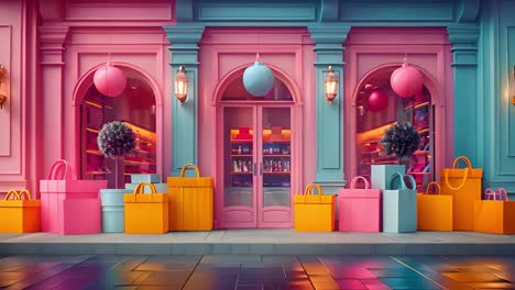 colorful pastel storefront with shopping bags and gift boxes