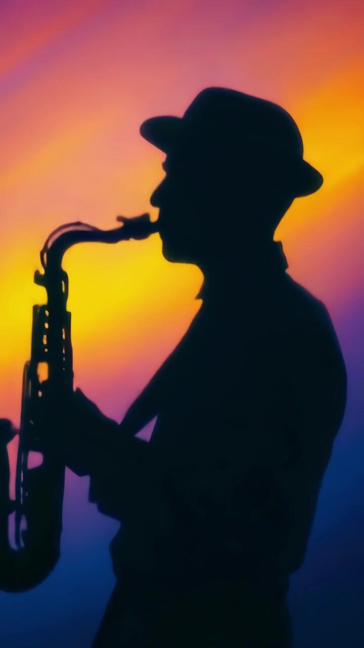 Silhouette di un musicista che suona il sassofono su uno sfondo colorato