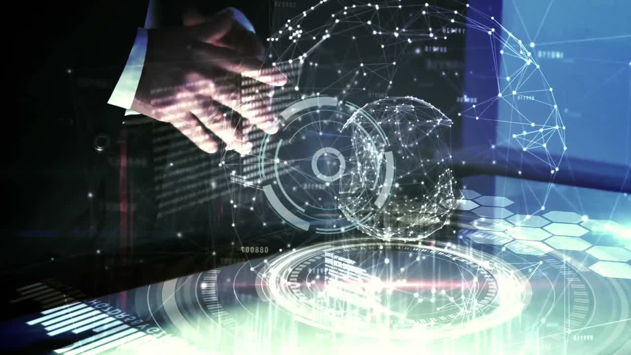 지구와 범위 스캐닝과 함께 금융 데이터 처리의 애니메이션 코카시안 사업가