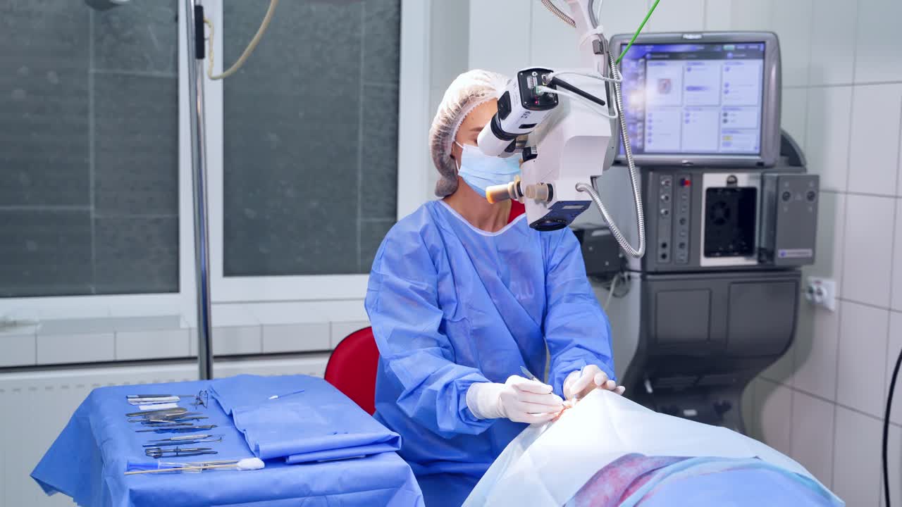 Surgeon performing laser eye vision correction. Surgeon in the operating room during ophthalmic surgery