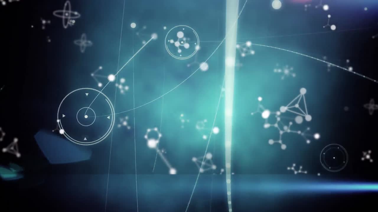 디지털 검은색과 파란색 공간에서 분자와의 연결 네트워크의 애니메이션