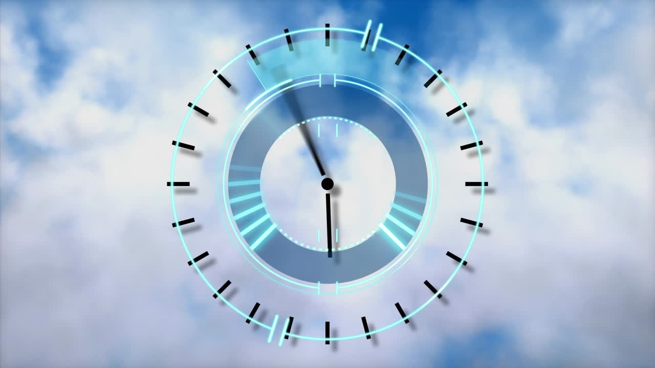Animation of clock moving fast with clouds on blue sky in background