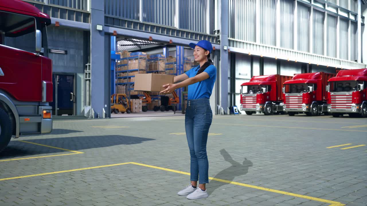Corriere asiatica in uniforme blu a figura intera che consegna un cartone a qualcuno e sorride mentre lo consegna, fuori dal magazzino