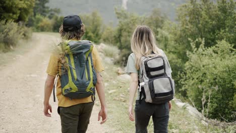 A happy couple backpackers walking by forest&#039;s path, rear view