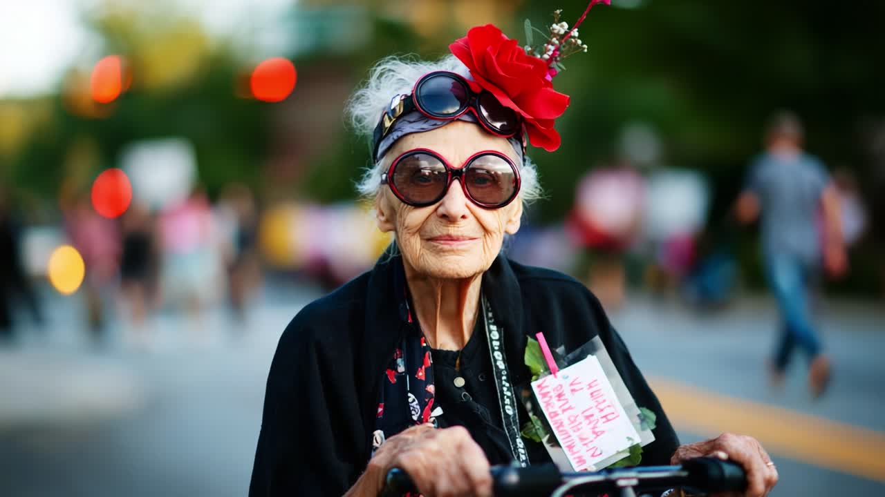 Un'anziana signora piena di vitalità percorre con eleganza la strada affollata, incarnando sicurezza e stile, adornata con una rosa vistosa e occhiali da sole oversize che simboleggiano eleganza e vivacità senza tempo.