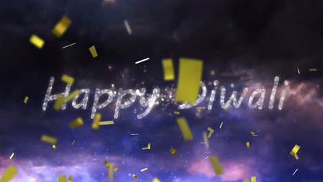 Animation-of-happy-diwali-over-fireworks-and-confetti-on-black-background