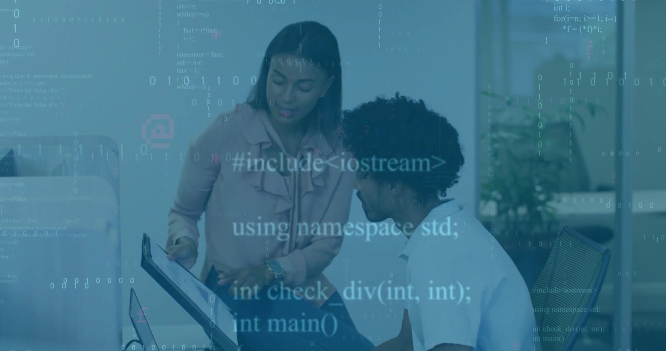 Female colleague unfolding folio, tapping diagrams on touchscreen, guiding business review