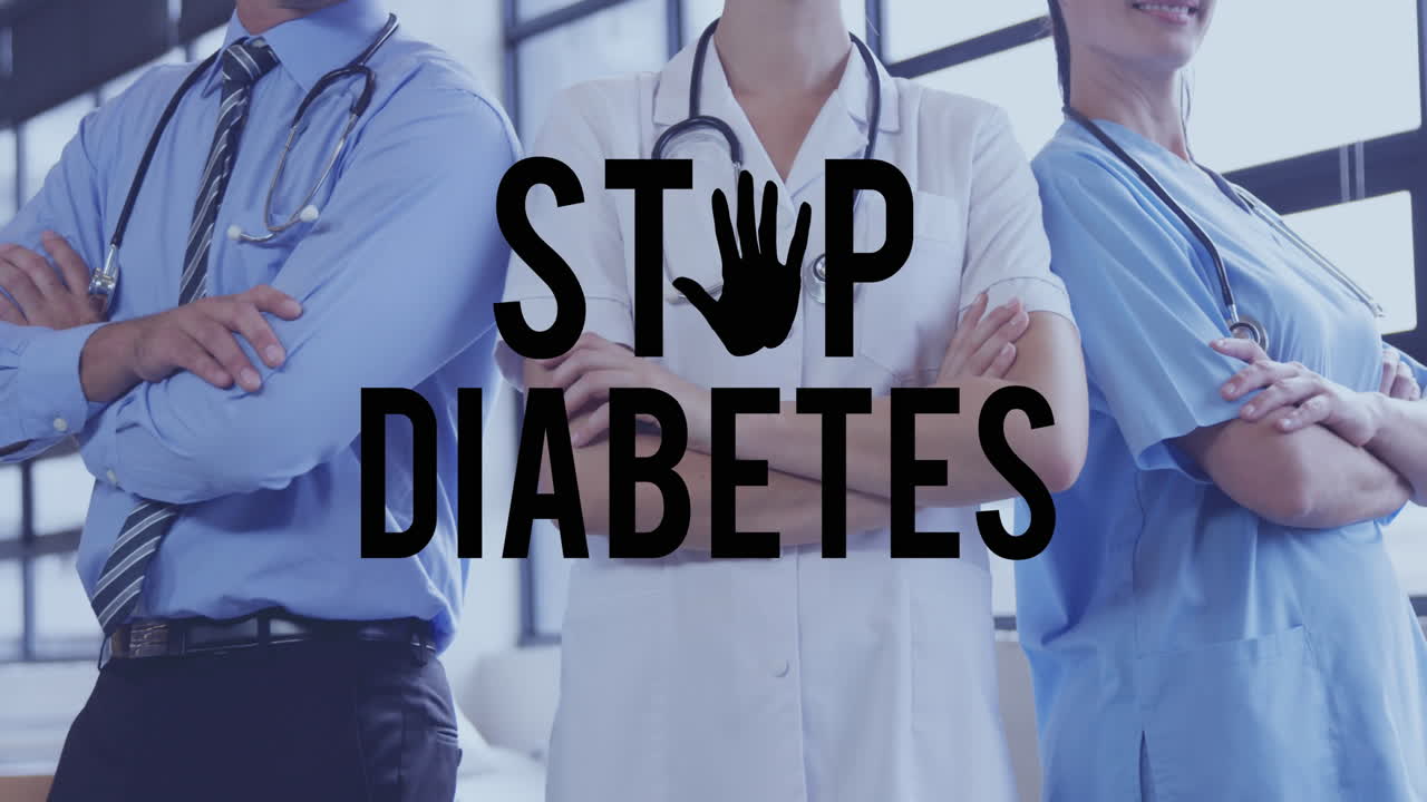 Animazione del logo testuale "stop al diabete" su un gruppo eterogeneo di medici e dottoresse con le braccia incrociate.