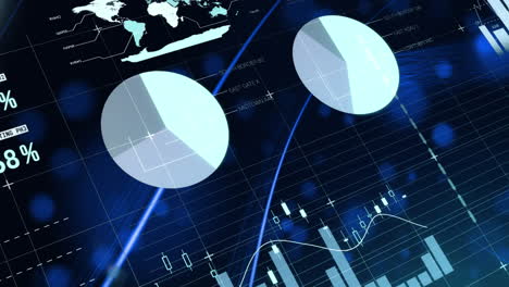 Animation of digital interface with statistics and information and light flares on black background