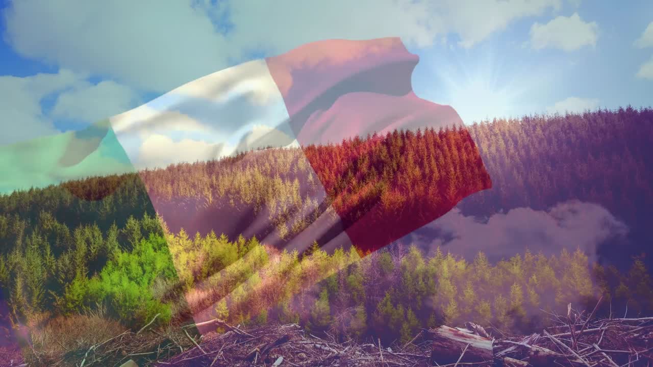 анимация развевающегося флага италии над ландшафтом