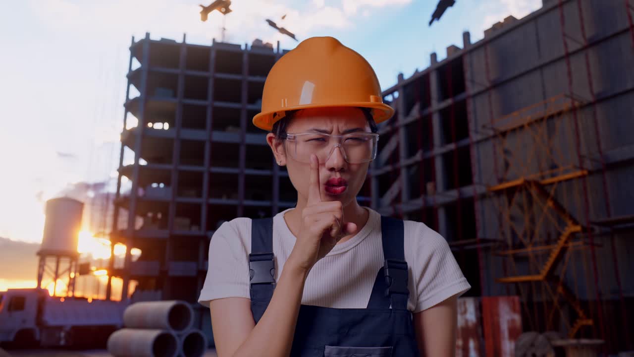 Close Up Of Asian Woman Worker Wearing Goggles And Safety Helmet Looking At Camera And Making Shh Gesture While Standing At Construction Site