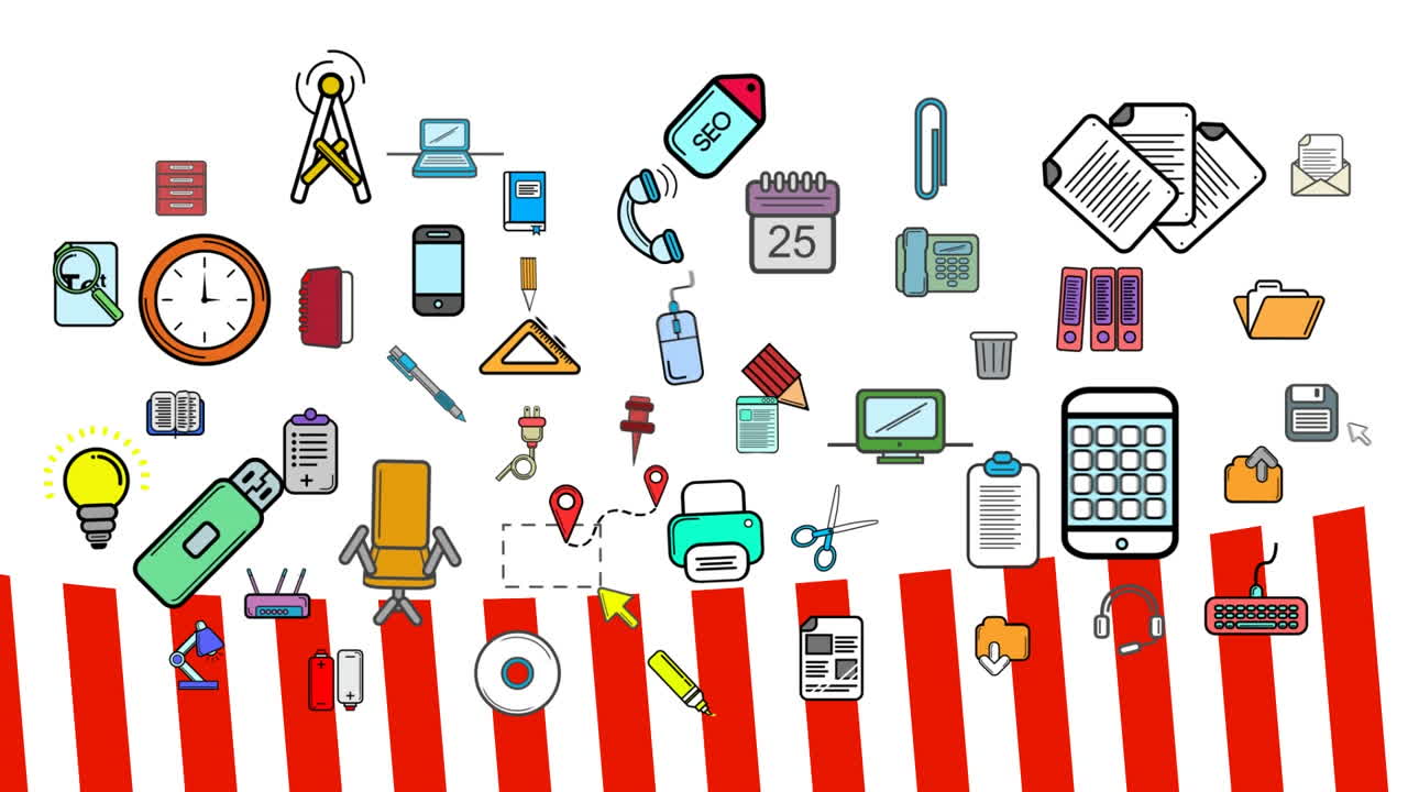 animación de iconos de negocios sobre rayas rojas sobre fondo blanco