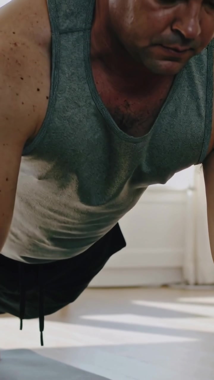 Video verticale: Partendo da un plank alto, un uomo in canotta abbassa il petto, spingendosi su per il fitness vicino alla finestra.