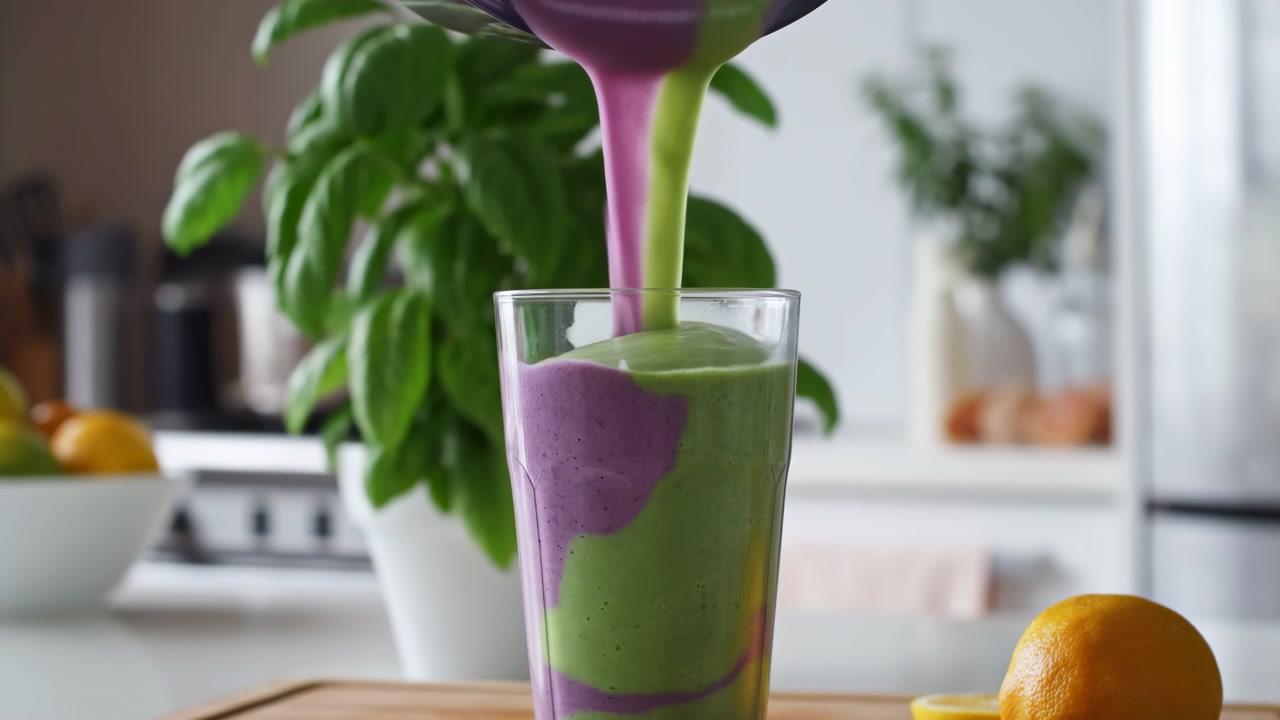Midsequence pour of purple and green layered smoothie into clear glass on wooden board in bright