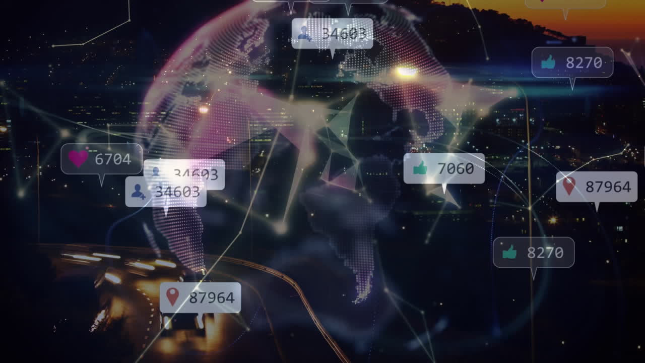 야간 도시 풍경에서 소셜 미디어 아이콘과의 연결 네트워크의 애니메이션