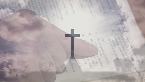 성경 을 읽는 사람 위 에 있는 그리스도인 십자가 의 애니메이션