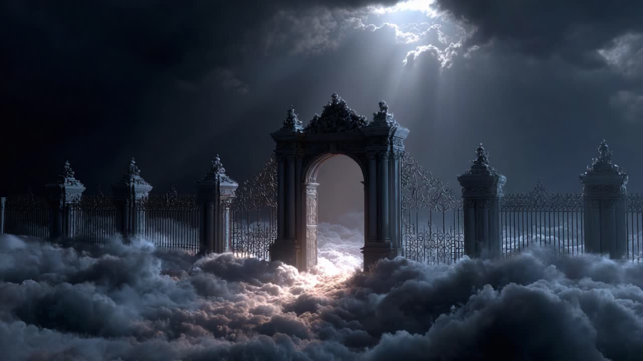 Mystical Gateway Emerging from Clouds: A Serene Vision of Light Breaking Through Dark Skies and Enchanted Architecture