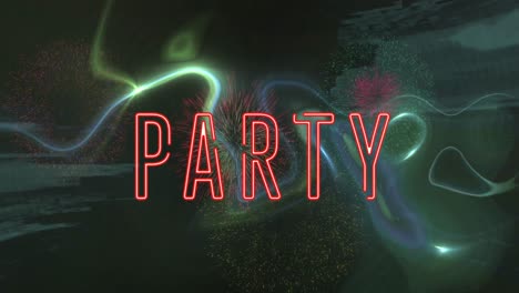 animation of party text over shapes and fireworks