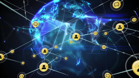 animación de redes de conexiones con iconos en todo el mundo sobre fondo negro