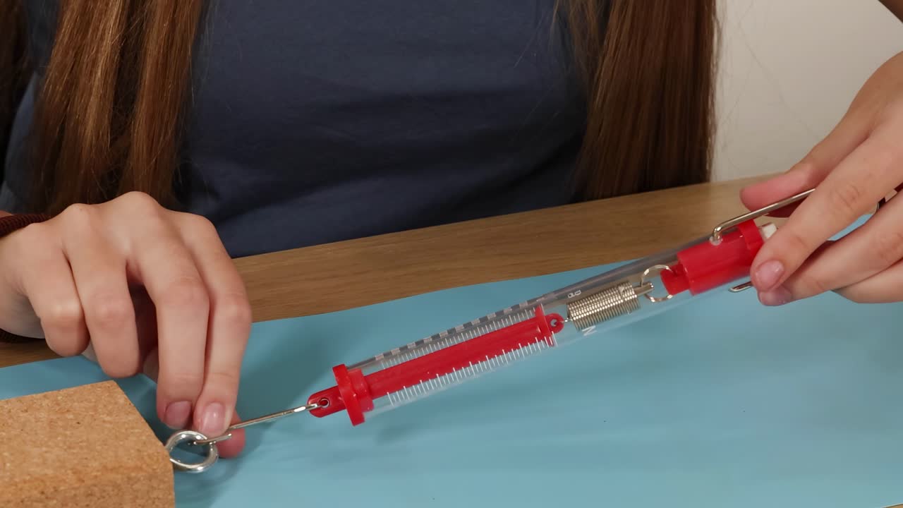 A person demonstrates pulling a cork block with a spring scale on a blue surface.