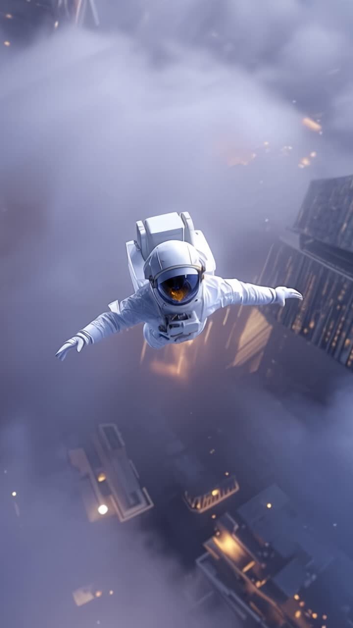 A lone astronaut drifts through fog-covered city skyscrapers, merging science and imagination in a breathtaking display of human exploration and technology in urban landscapes