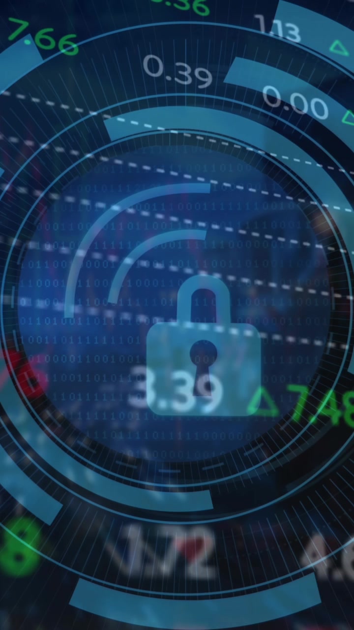 Animation of stock market data processing over security padlock icon against night city traffic