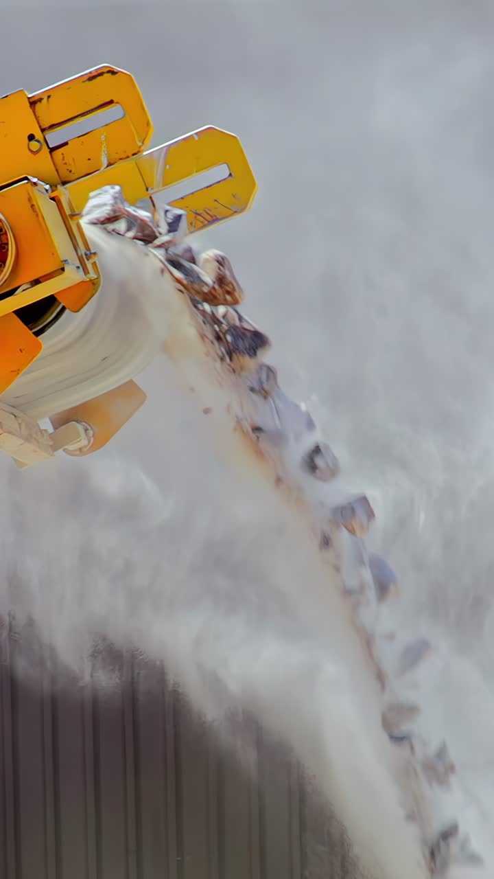 A Powerful Machine Releases a Blast of Debris into the Air, Showing Intense Force During a Cleanup Operation - Vertical Shot