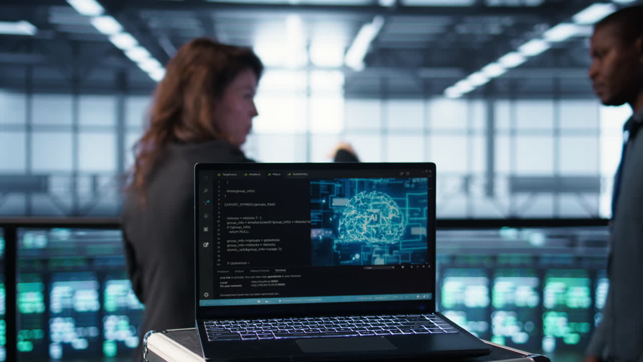 Notebook screen with AI neural networks doing computing processes, close up