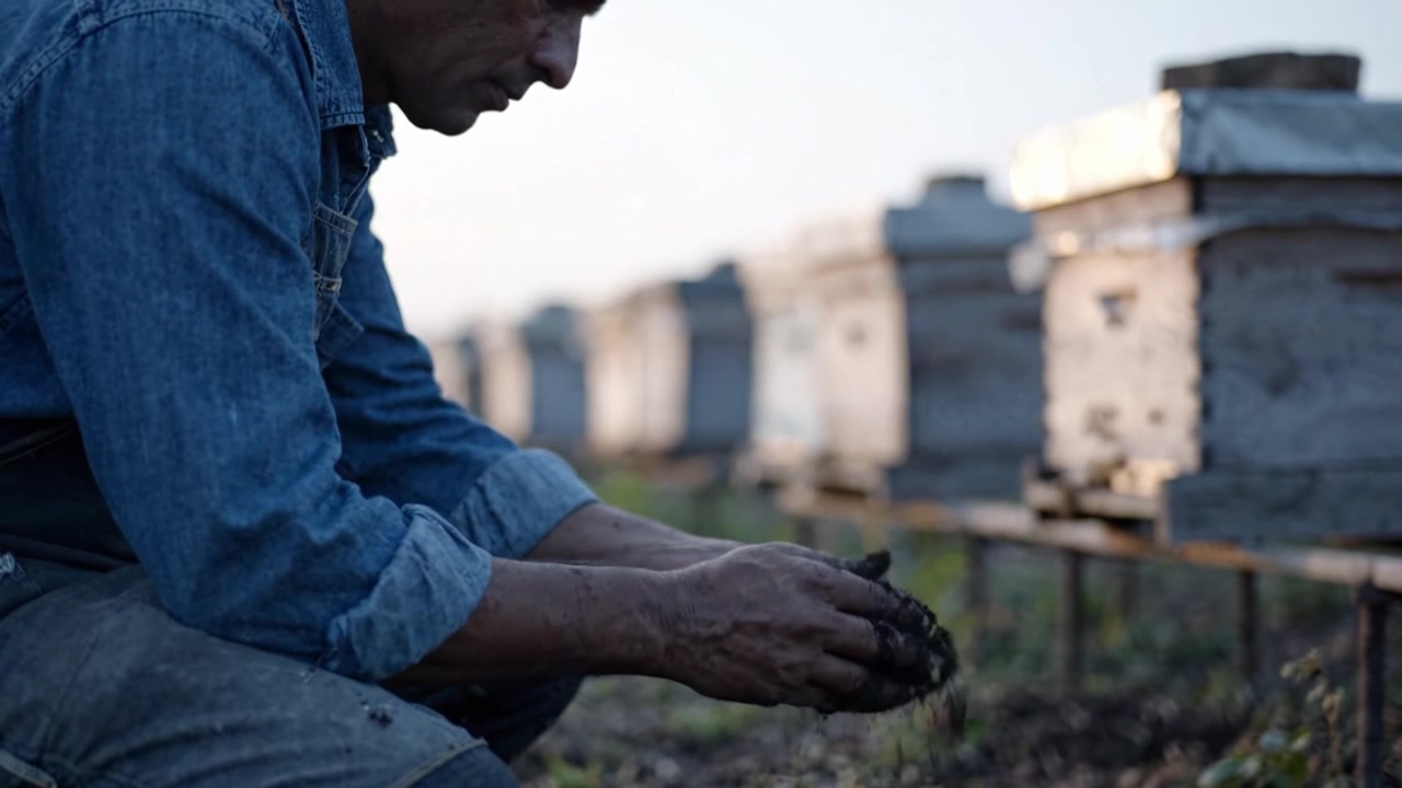 Agricultor Dedicado Analisando Solo Rico para o Crescimento Ótimo das Culturas em um Campo Agrícola Rodeado por Colmeias Durante uma Noite Calma