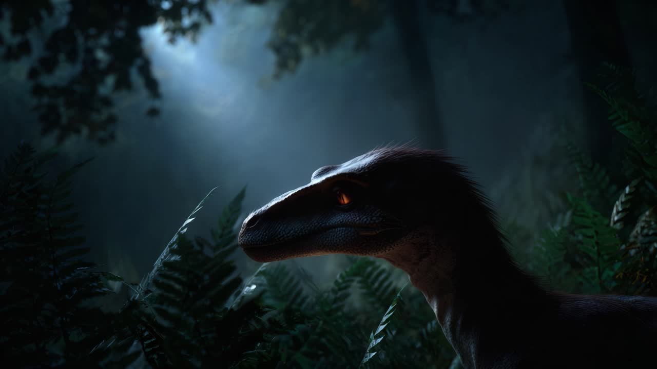 Una scena accattivante con un dinosauro, avvolto nella nebbia e circondato da felci, illuminato da un tenue fascio di luce in un'incantevole foresta preistorica.