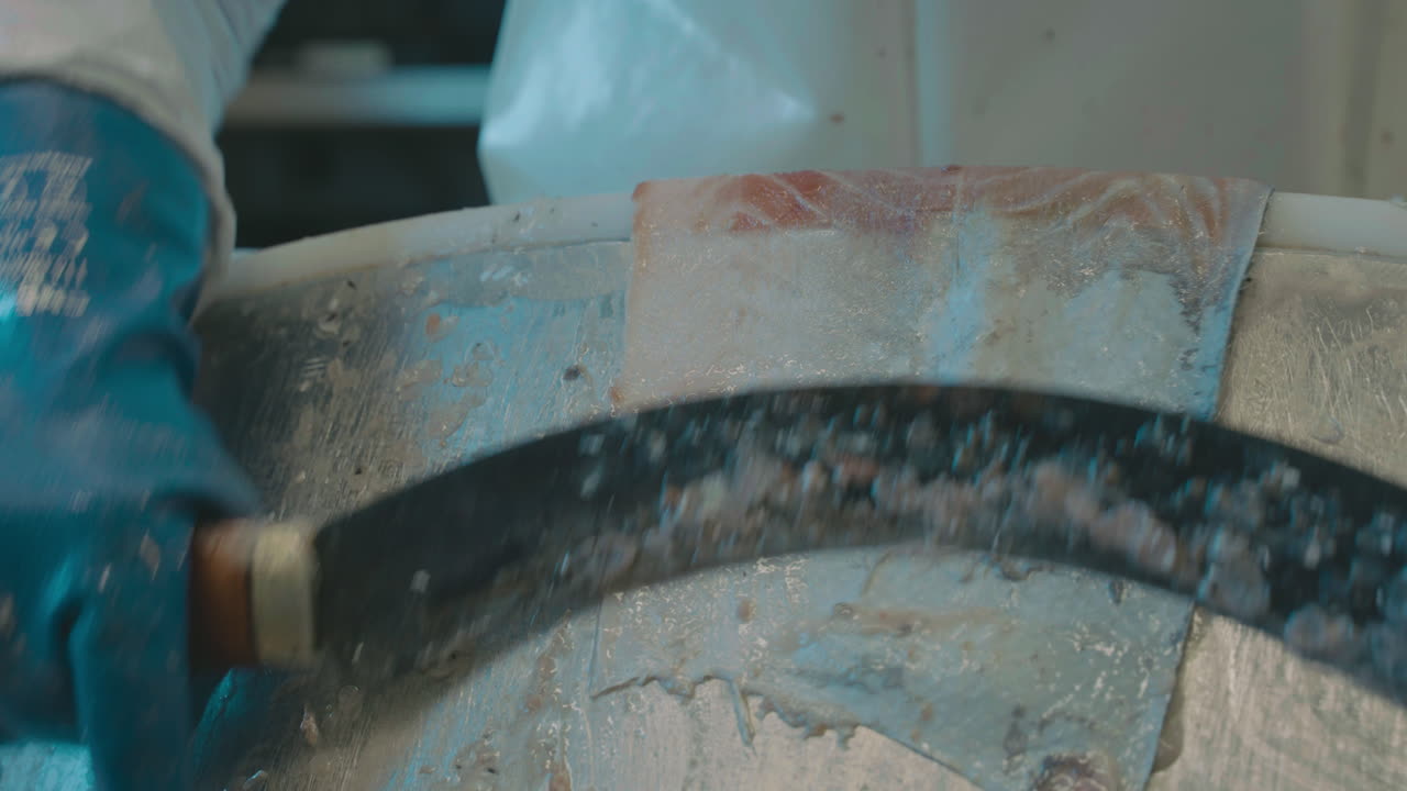 hoja curva utilizada para raspar la carne grasa de la piel del salmón.