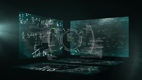 animation of data processing over screens with mathematical equations