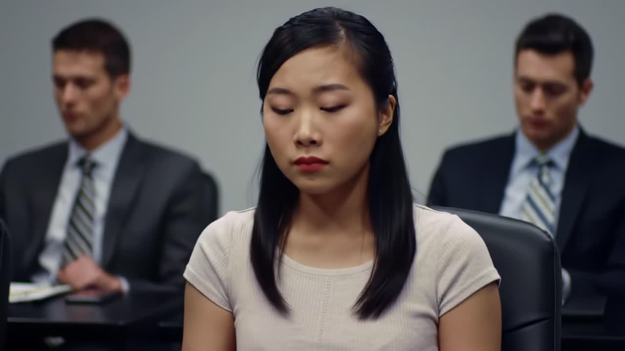 A woman is yawning with a look of boredom during a corporate meeting. In the background, two men in suits observe the proceedings intently, highlighting the contrast in engagement levels.
