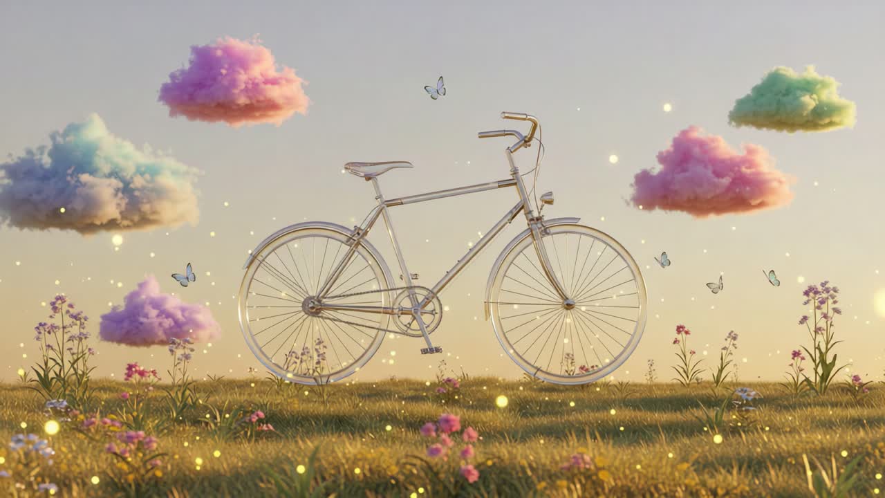 A Dreamy Bicycle Surrounded by Colorful Clouds and Blossoming Flowers on a Serene Day. Captivating Nature and Fantasy Merge in a Beautiful Vision of Adventure and Freedom
