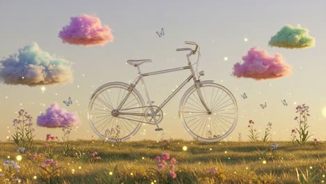 a dreamy bicycle surrounded by colorful clouds and blossoming flowers on a serene day. captivating nature and fantasy merge in a beautiful vision of adventure and freedom