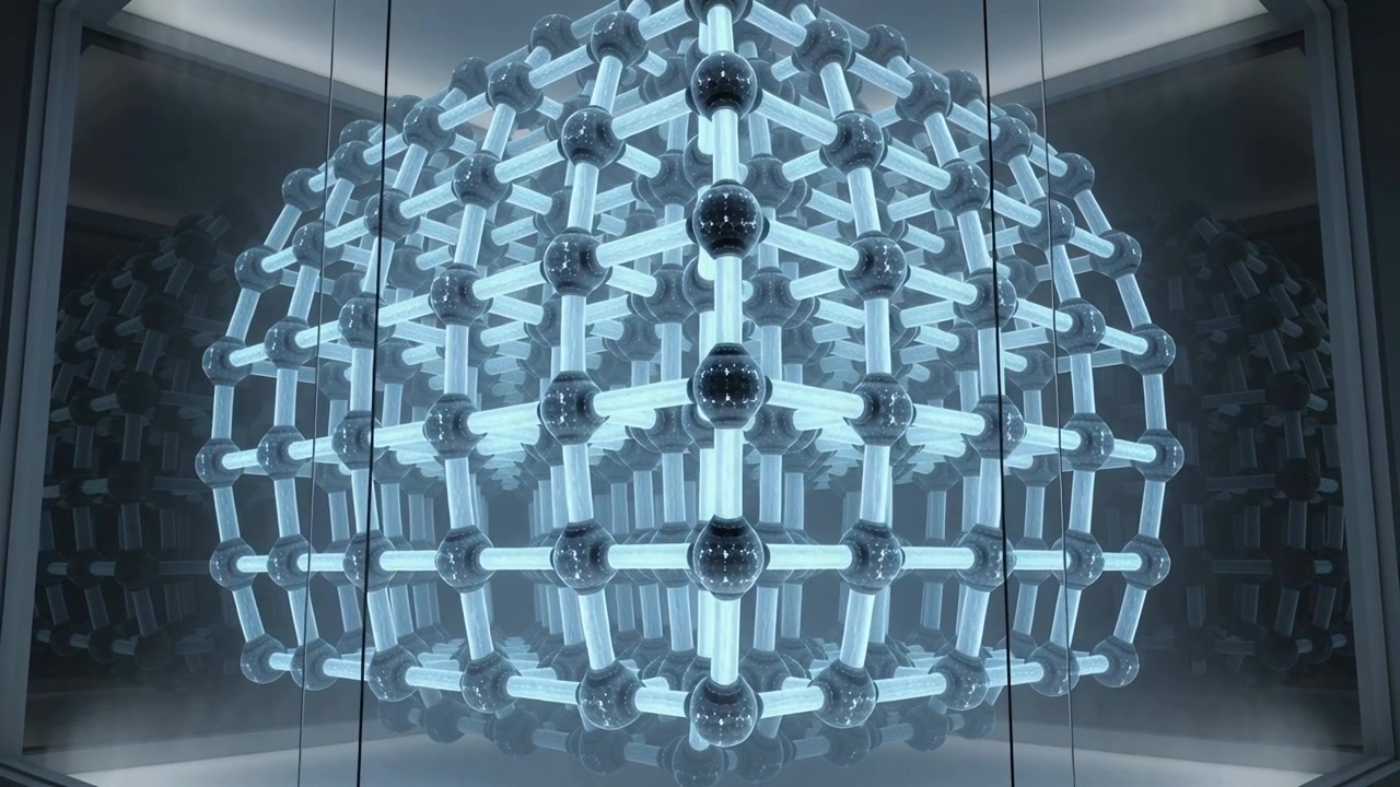Camera dollying forward, showing lattice sphere glowing in glass display highlighting shiny nodes