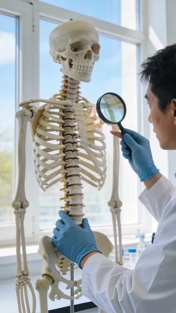 Vertical video: Lifting magnifier, gloved doctor in lab coat inspecting skeleton by window for demo